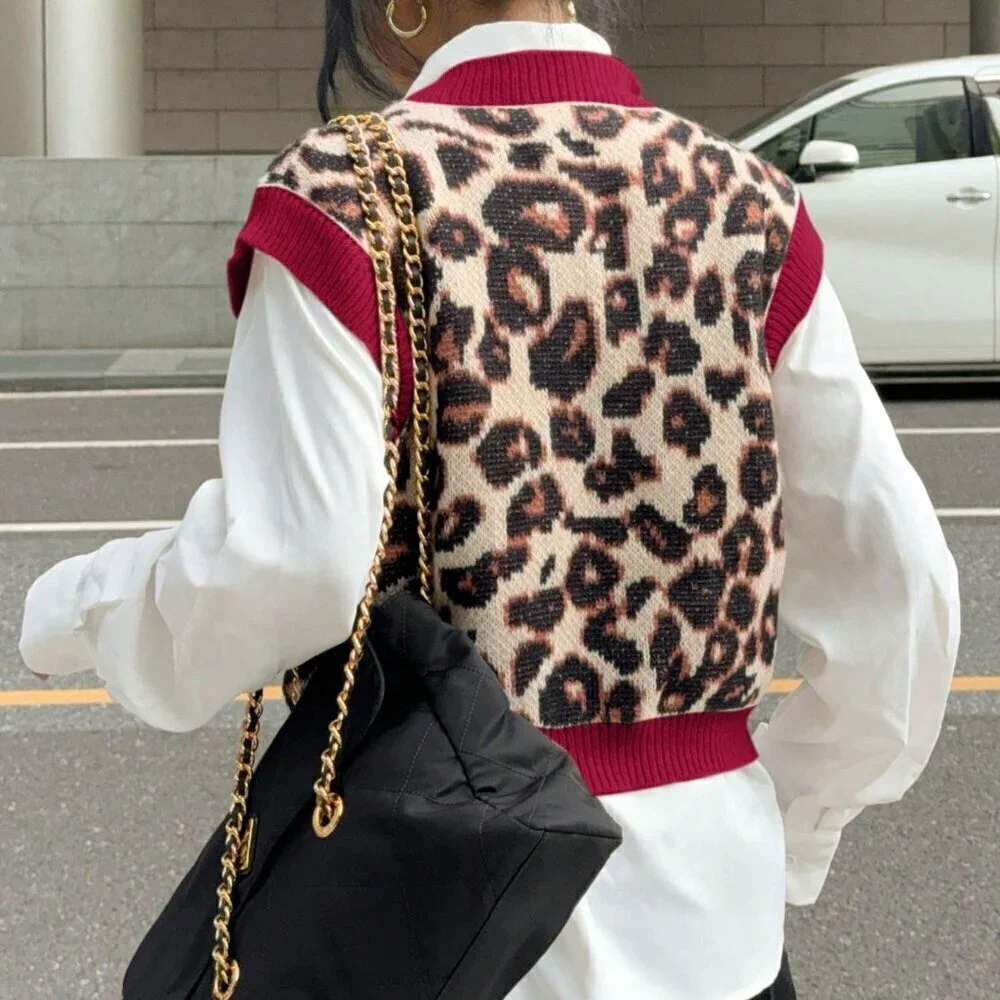Multicolor Casual Women's Leopard Print Knit Sweater Vest